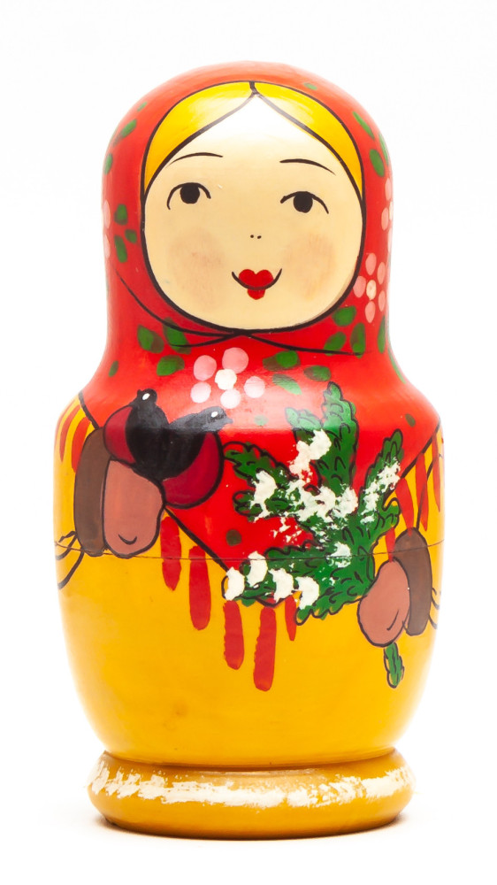 110 mm Mistress with Bullfinches and a Spruce Branch hand painted Traditional Russian Wooden Matryoshka doll 5 pcs (by Sergey Malyutin)