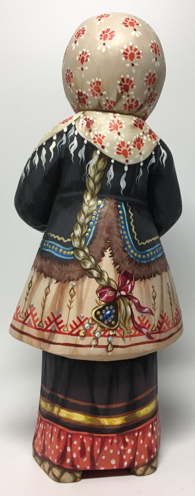 220 mm Russian Girl in a Winter Dress with a White Rabbit hand painted Wooden Statue (by Karpova Nadezda)