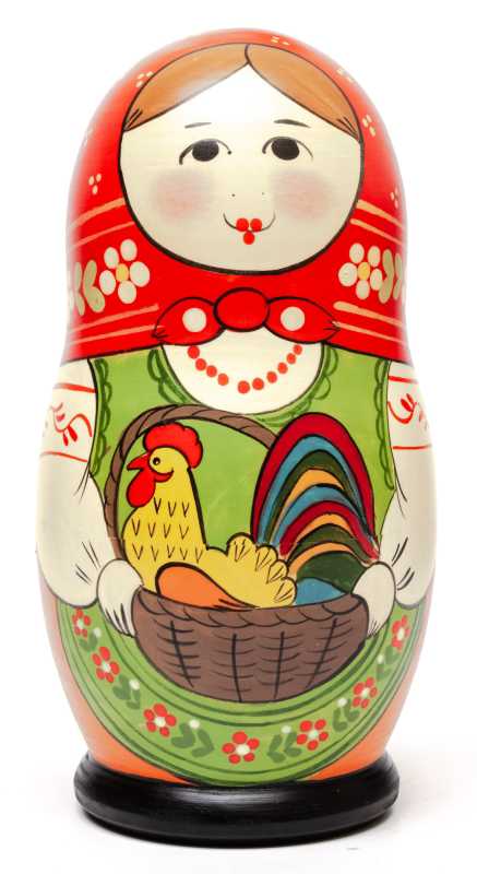 160 mm Maiden with the Basket with Cockerel inside hand painted Traditional Russian Wooden Matryoshka doll 5 pcs (by Sergey Malyutin)