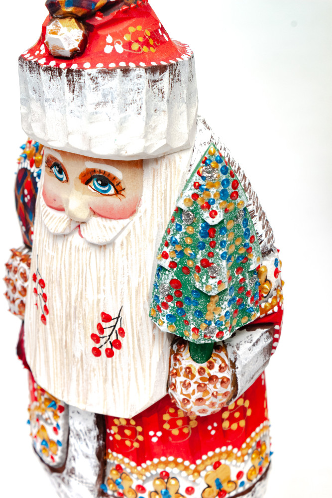 220 mm Santa Claus hand carved and painted wooden figure with a Green Tree and Bag of Gifts (by Natalia Workshop)