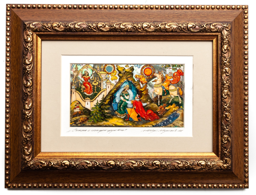 290x220 mm The Tale of the Dead Princess and the Seven Knights hand painted on Nacre Fedoscino painting (by Tatiana Fedoscino Arts)
