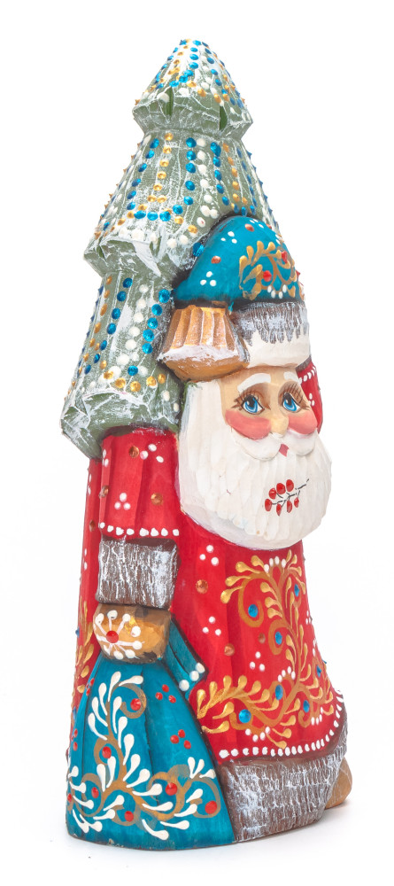180 mm Santa with a Green Christmas Tree and a Bag Carved Wood Hand Painted Collectible Figurine (by Natalia Nikitina Workshop)