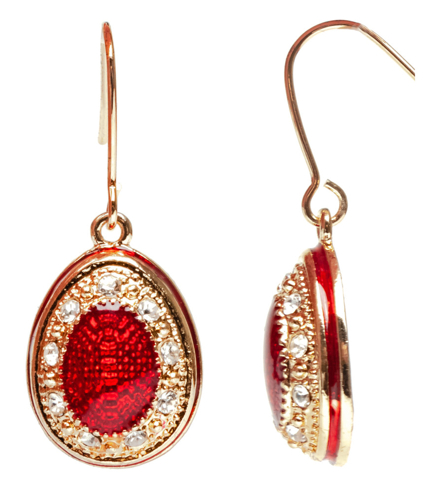 15x35 mm Red Guilloché Enamel Egg Shaped Earrings
