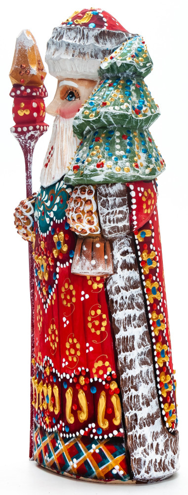 210 mm Santa with a Magic Staff and a Christmas Green Tree handpainted Wooden Carved Statue (by Natalia Nikitina Workshop)
