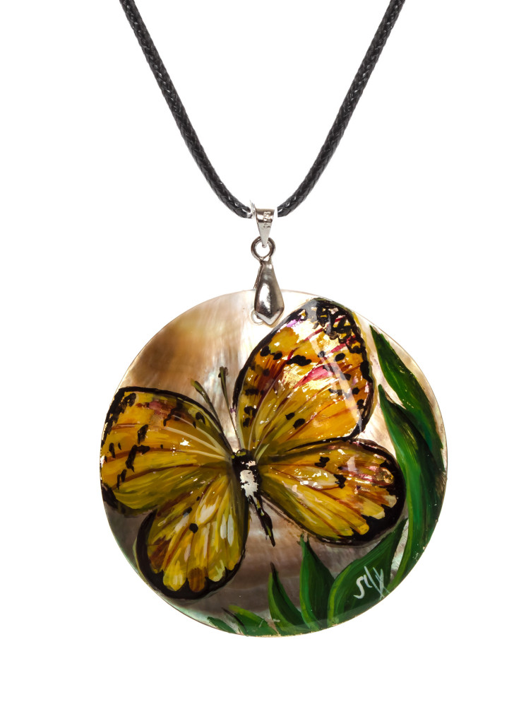 d50 mm Butterfly hand painted Nacre Pendant (by Tatiana Shkatulka Crafts)