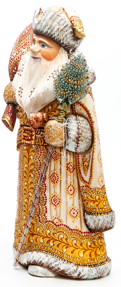 340 mm Santa Claus with a Magic Staff and a Bag handpainted Wooden Carved Statue (by Natalia Nikitina Workshop)