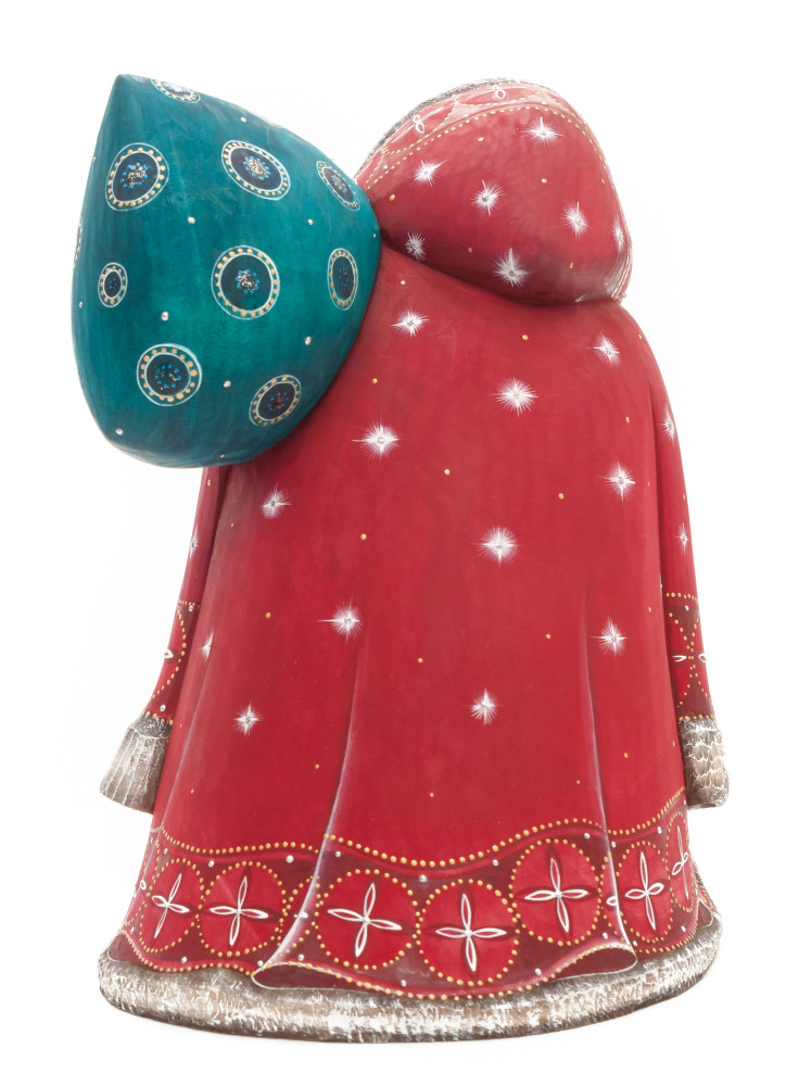 230 mm Santa with a Magic Staff and a Bag with hand painted Kids riding the Sleigh Carved Wood Collectible Figurine (by Sergey Christmas Workshop)