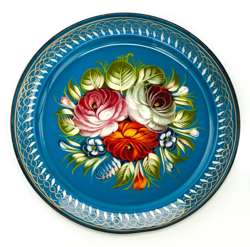 d 230 mm Zhostovo Patterns hand painted and lacquered Metal Forged Blue Tray (by Lada Crafts)