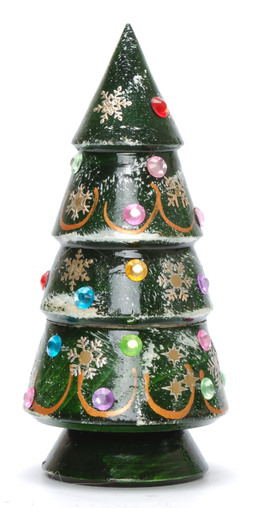 125 mm Christmas Wooden Green Tree with Hand Painted Garlands and Decorations