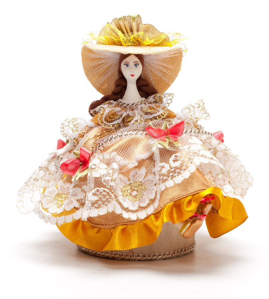 Girl in a nice Summer Hat and Dress sitting on Jewelry Box (hand-sewn Doll by Le Russe)