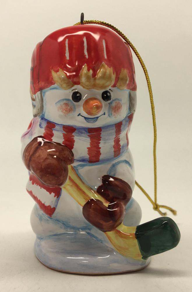 Snowman plays Hockey hand painted Ceramic Statue (by Maiolica)
