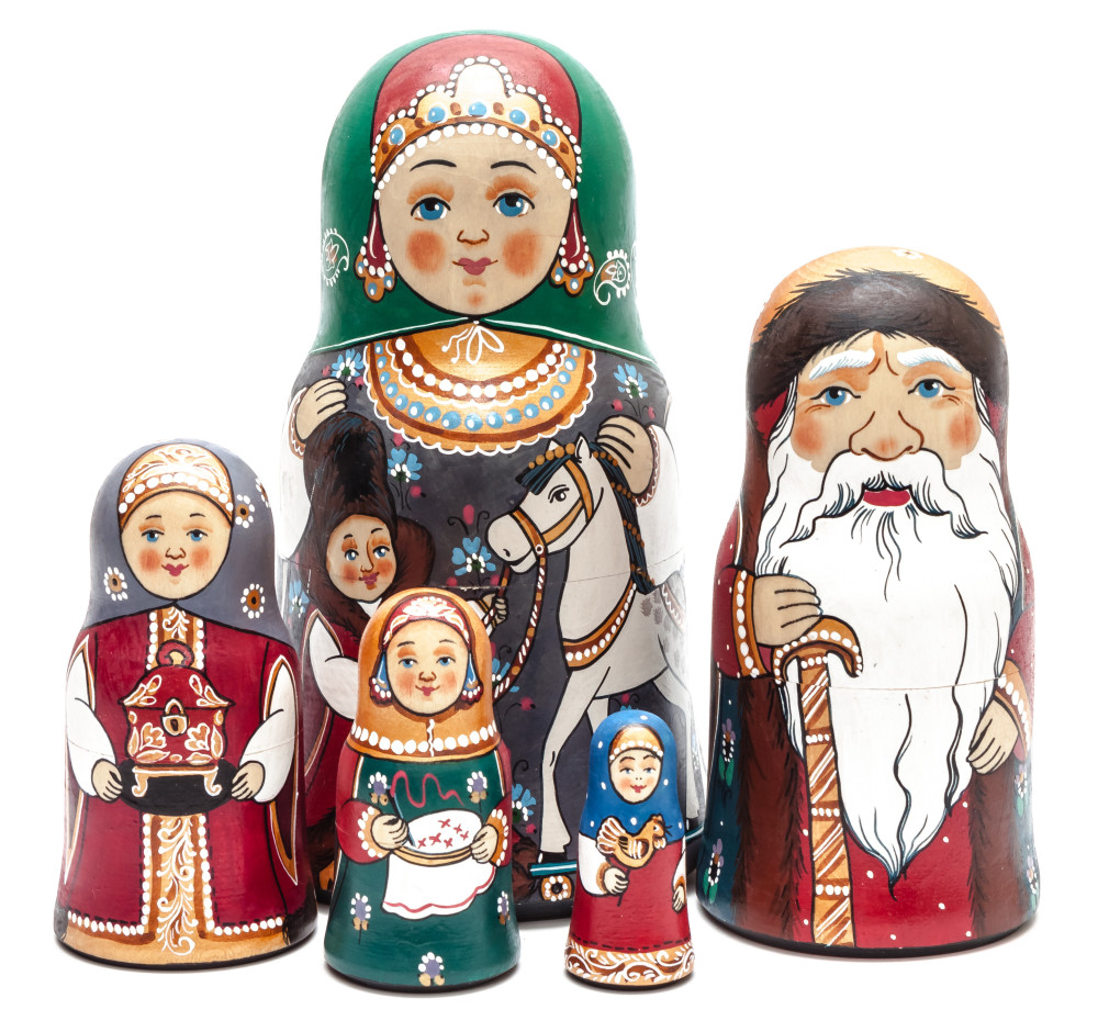 180 mm Mother with Son with a wooden Toy Horse handpainted Wooden Matryoshka Doll 5 pcs (by Skazka)