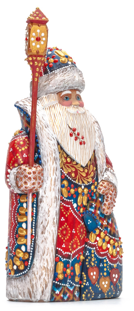260 mm Santa with a Magic Staff and a Bag Carved Wood Hand Painted Collectible Figurine (by Natalia Nikitina Workshop)