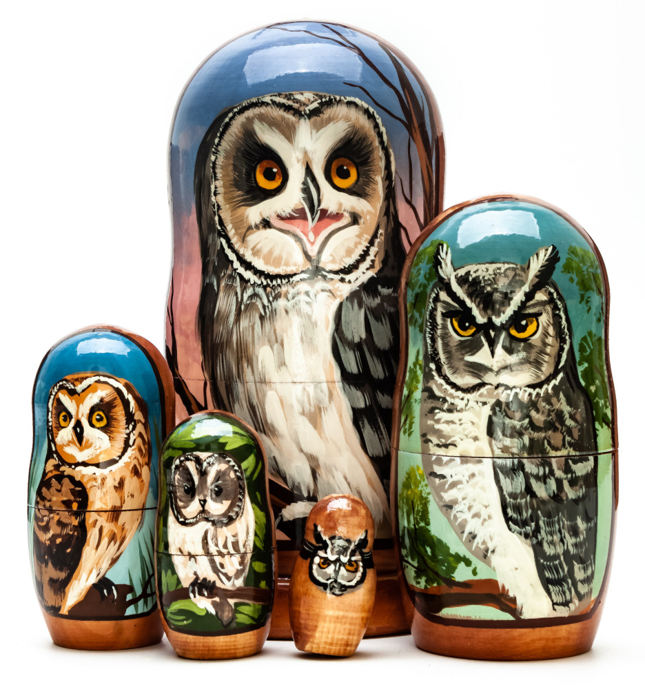 180mm Owl hand painted on wooden Matryoshka doll 5 pcs (by Alexander Famous Paintings Studio)