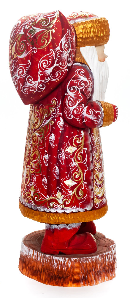 340 mm Santa Claus with a Bag and a Magic Staff handpainted Wooden Carved Statue (by Igor Carved Wooden Figures Studio)