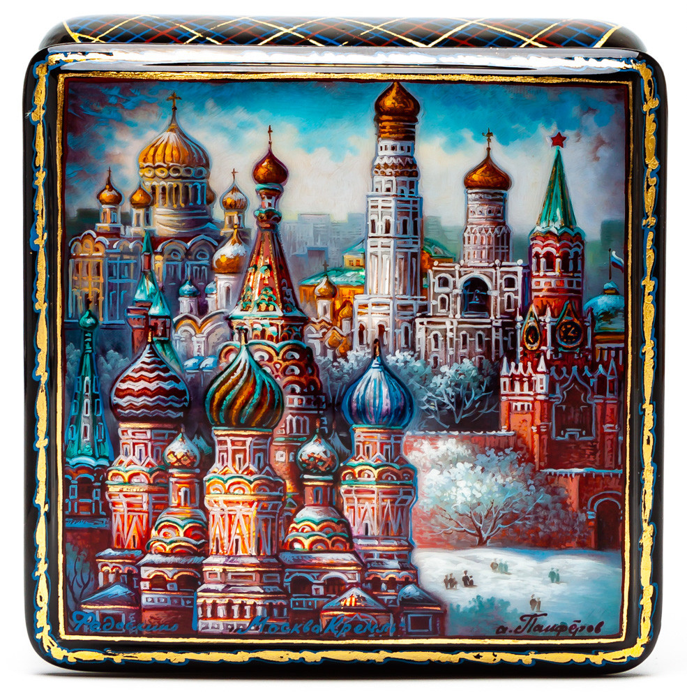 100x100mm Moscow Kremlin hand painted lacquered jewelery box (by Panferoff Studio)