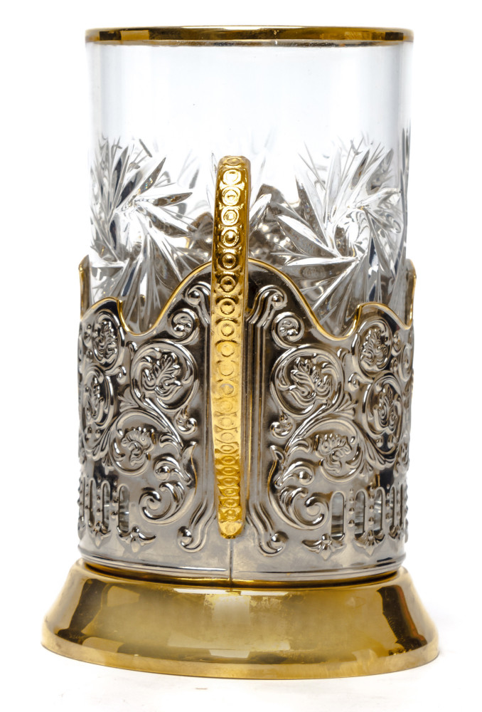 The Moscow Olympic 1980 Bear Gold Plated Brass Tea Glass Holder with Crystal Glass and Gold Plated Tea Spoon (by Kolchugino)