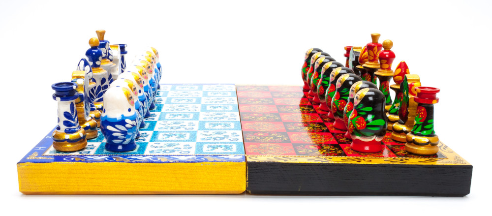 Khokhloma and Gzhel Hand Painted Chess Pieces on Wooden Chess Board