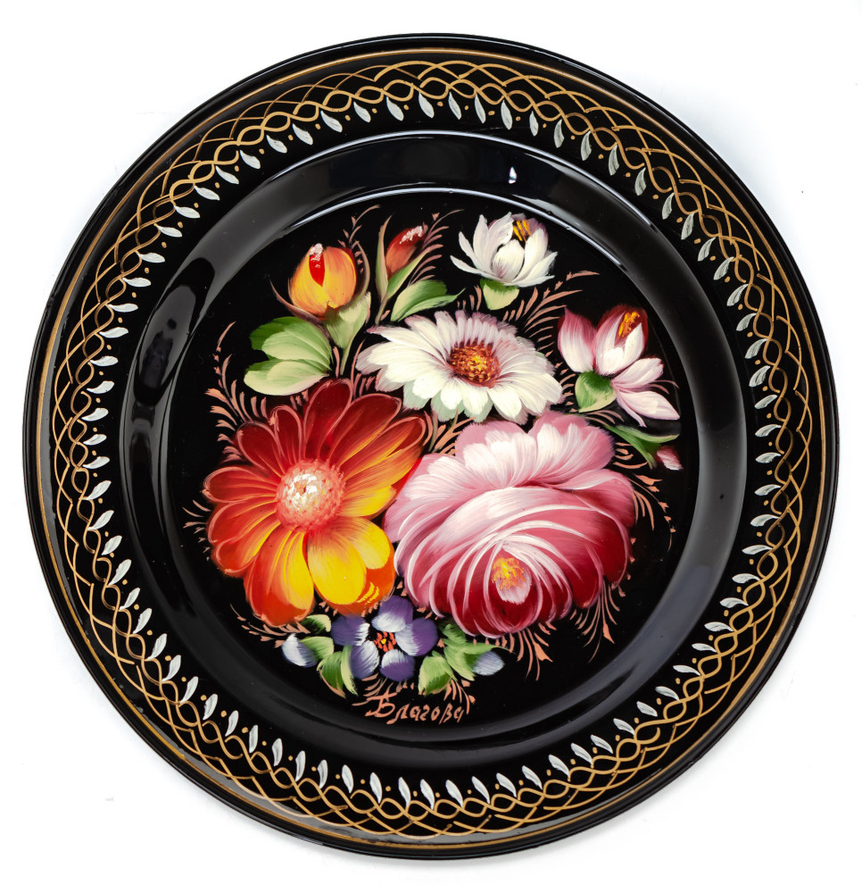  d 180 mm Zhostovo Patterns hand painted and lacquered by Blagova Metal Forged Black Tray (by Lada Crafts)