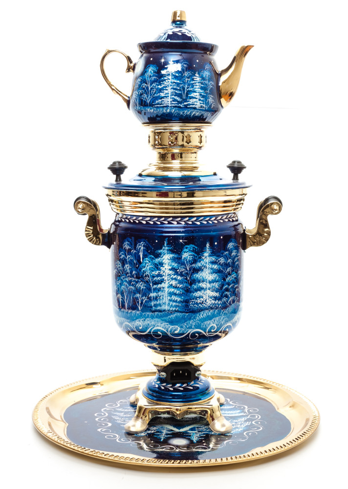 Russian Christmas Night Hand Painted Electric Samovar Kettle with Teapot and Tray