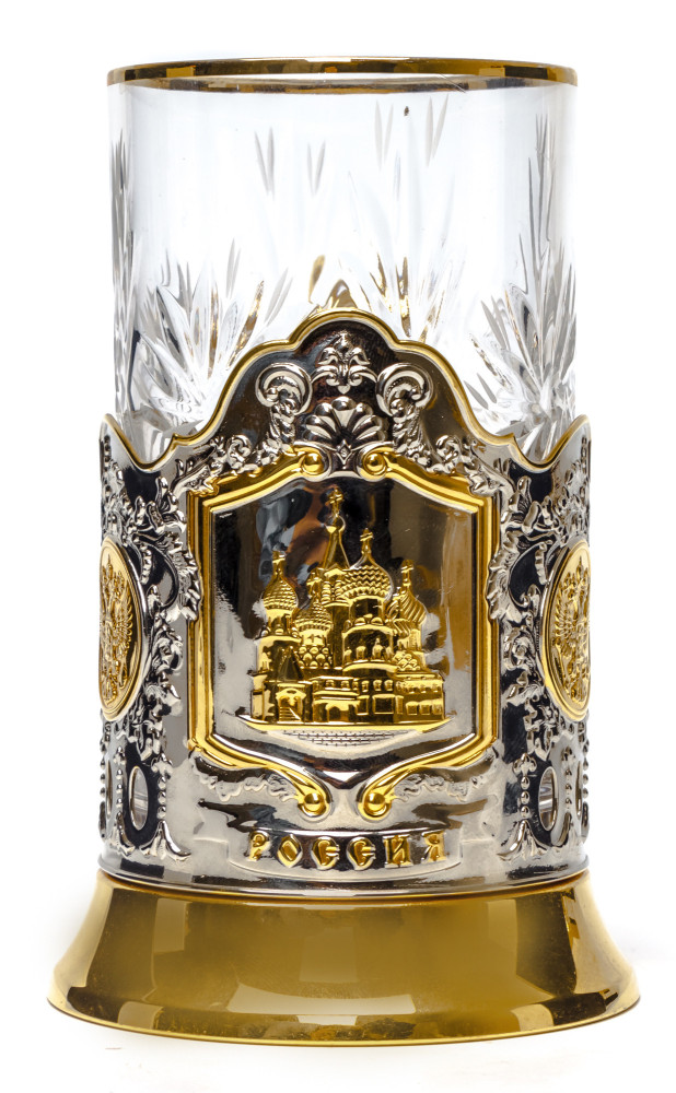 Saint Basil Cathedral Gold Plated Brass Tea Glass Holder with Crystal Glass and Gold Plated Tea Spoon (by Kolchugino)