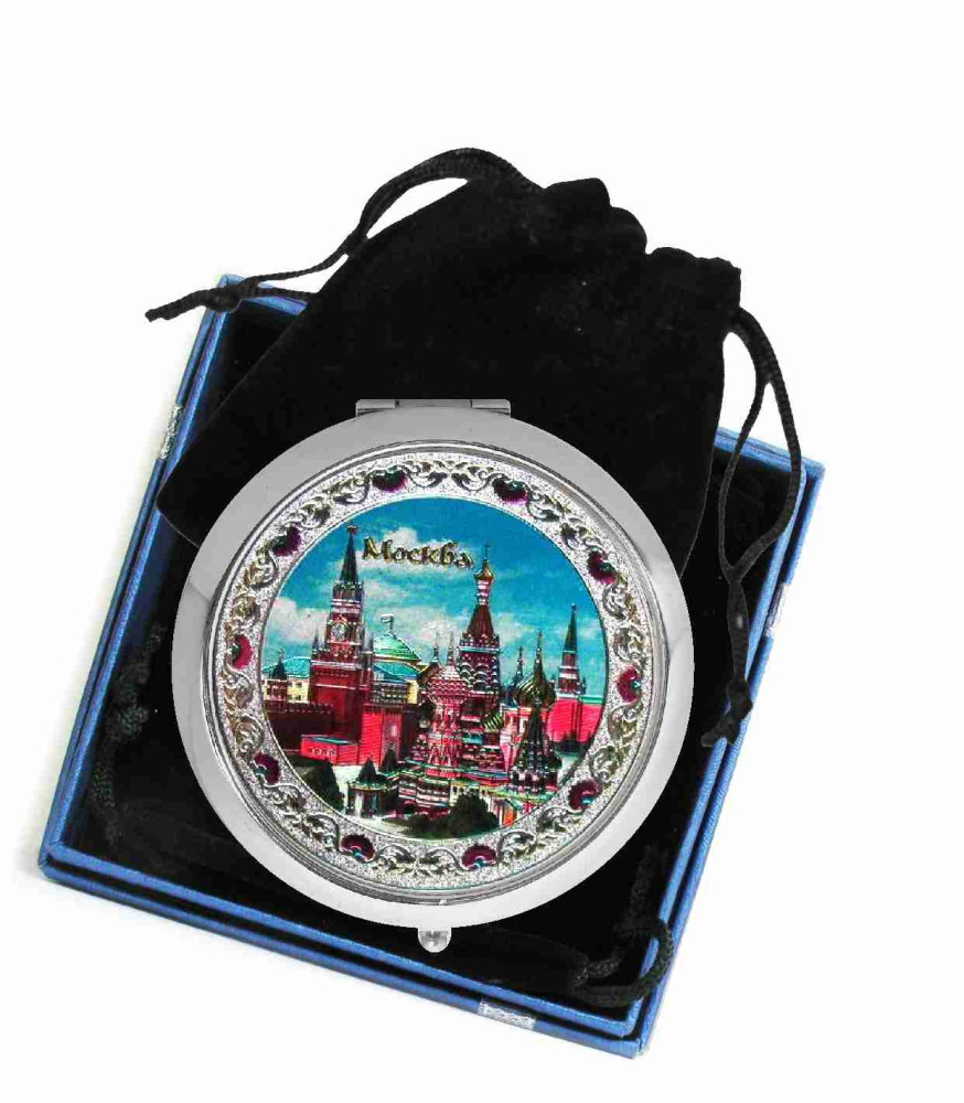 Зеркало с кнопкой в коробочке "Москва" с фольгированной вставкой, диаметр 7 см