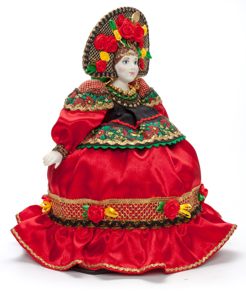 Russian Girl in a Red Dress Kettle Porcelain Doll Warmer - 16 Inches