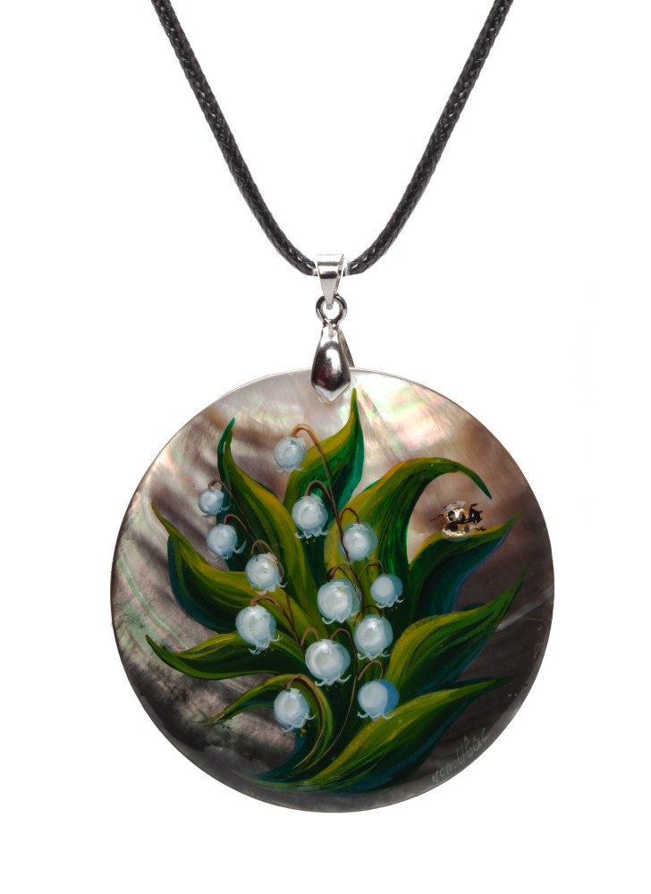 d50 mm Lily of the Valley hand painted Nacre Pendant (by Tatiana Shkatulka Crafts)