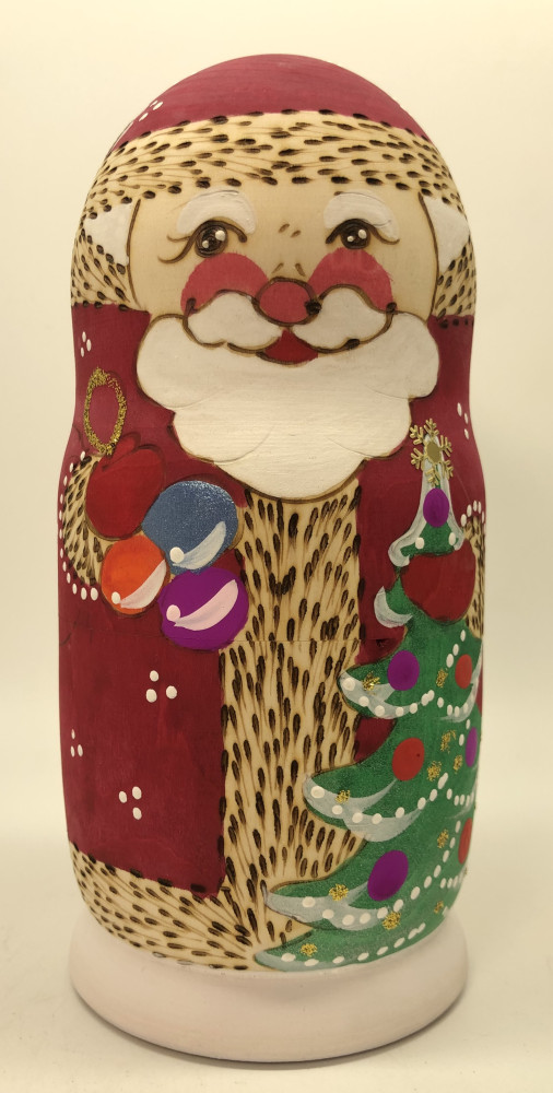 170 mm Santa Claus and Snowman Hand Carved Burnt and Painted Matryoshka Doll 5 pcs (by Igor Carved Wooden Figures Studio)