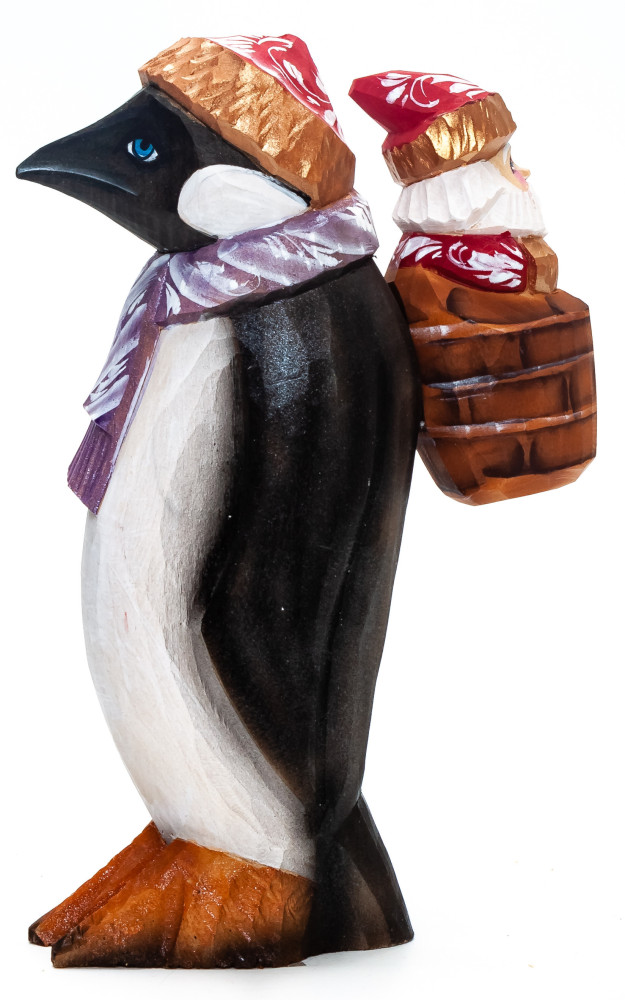 190 mm Penguin with Santa  hand painted Wooden Statue (by Karpova Nadezda)