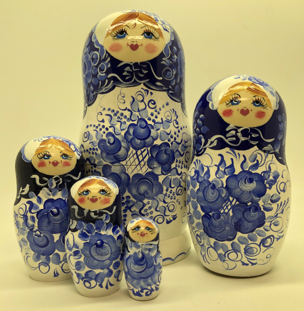 180 mm Gzhel Patterns hand painted on wooden Russian Matryoshka 5 pcs (by Rose Studio)