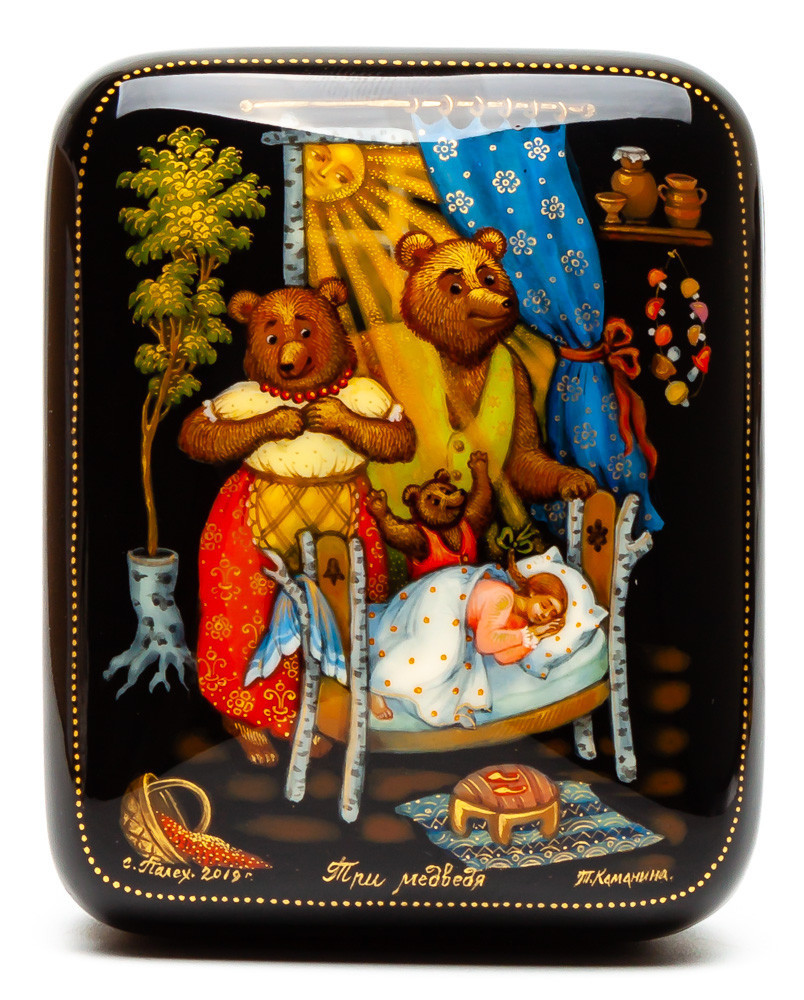 60x70mm The Goldilocks and the Three Bears hand painted lacquered box from Palekh (by Pavel Studio)