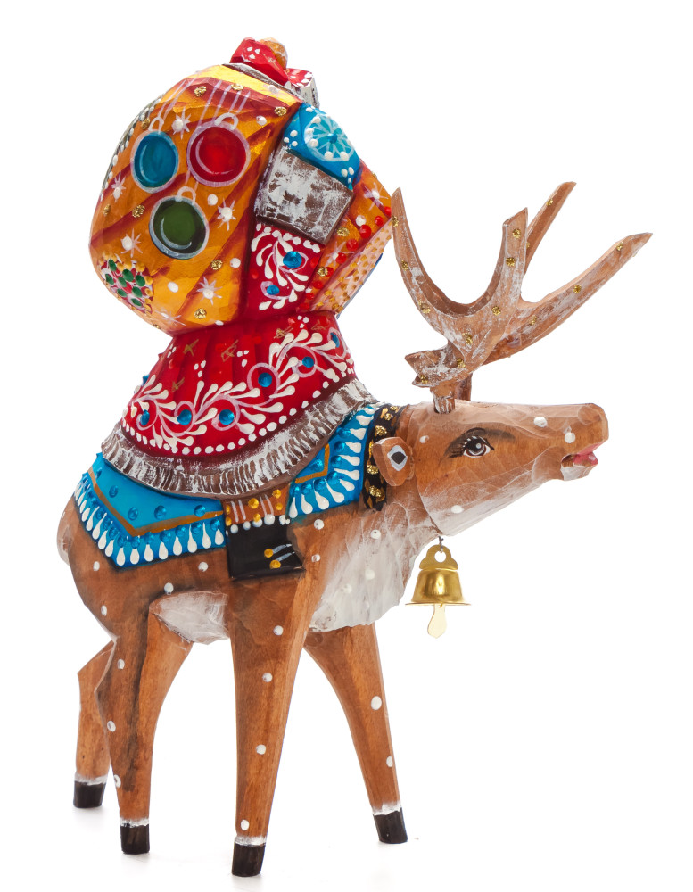 180 mm Santa with a Bag riding the Deer Carved Wood Hand Painted Collectible Figurine (by Natalia Nikitina Workshop)