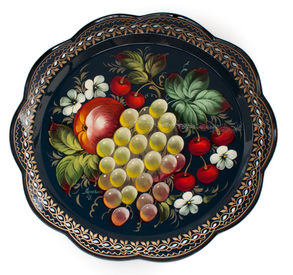 d 330 mm Zhostovo Patterns hand painted and lacquered by Lopatina Metal Forged Tray (by Lada Crafts)