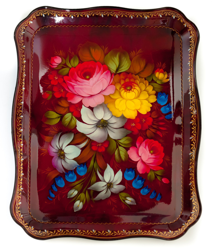345x450 mm Zhostovo Patterns hand painted and lacquered by Dabilova Metal Forged Tray (by Lada Crafts)