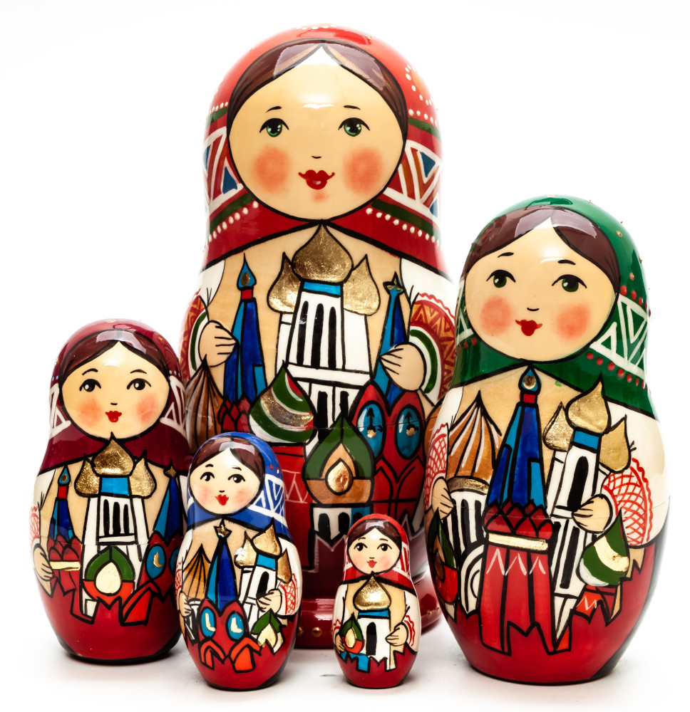 160 mm Moscow Snt Basil Cathedral hand painted by Lentuloff on wooden Matryoshka doll 5 pcs (by A Studio)