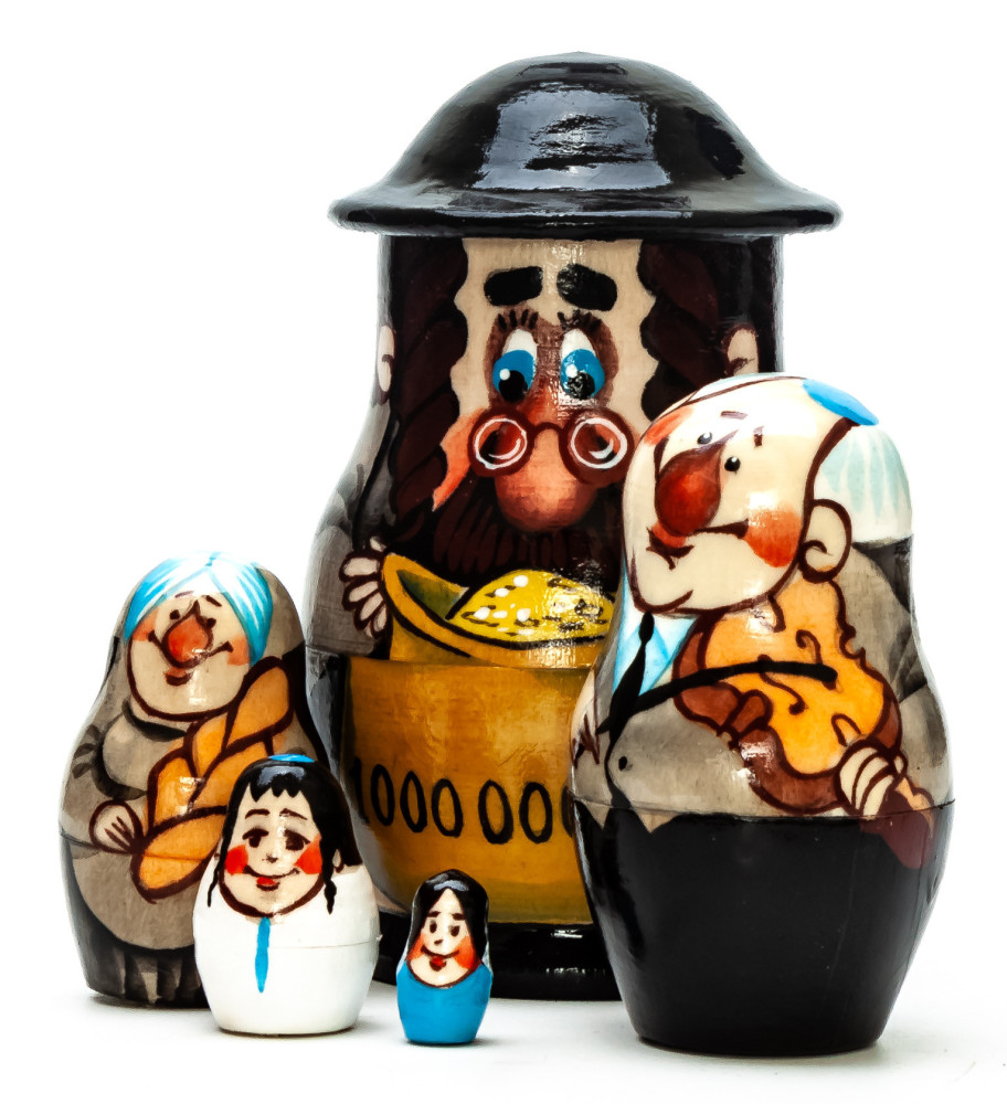 90mm Jew with a Bag of Money hand painted on wooden Matryoshka doll 5 pcs (by Alexander Famous Paintings Studio)