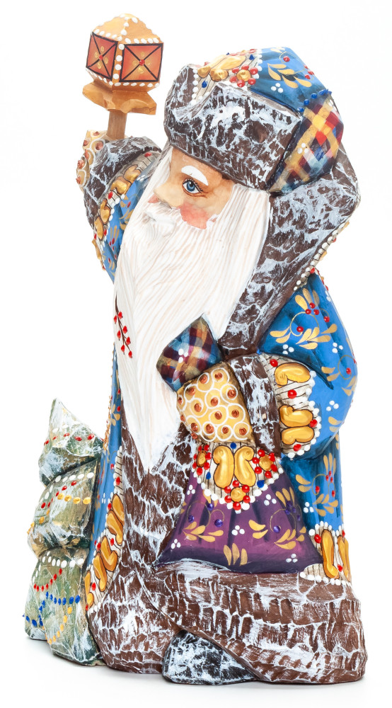 200 mm Santa Claus with a Green Christmas Tree, Bag and a Lamp Carved Wood Hand Painted Collectible Figurine  (by Natalia Nikitina Workshop)