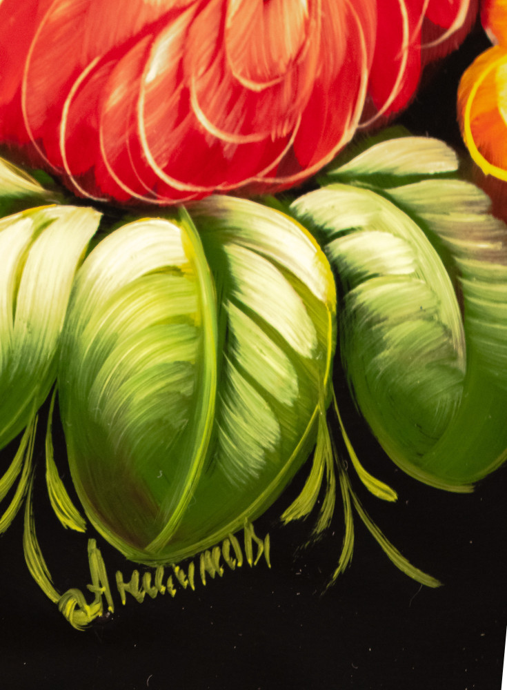 d 385 mm Zhostovo Patterns hand painted and lacquered by Anisimova Metal Forged Tray (by Lada Crafts)