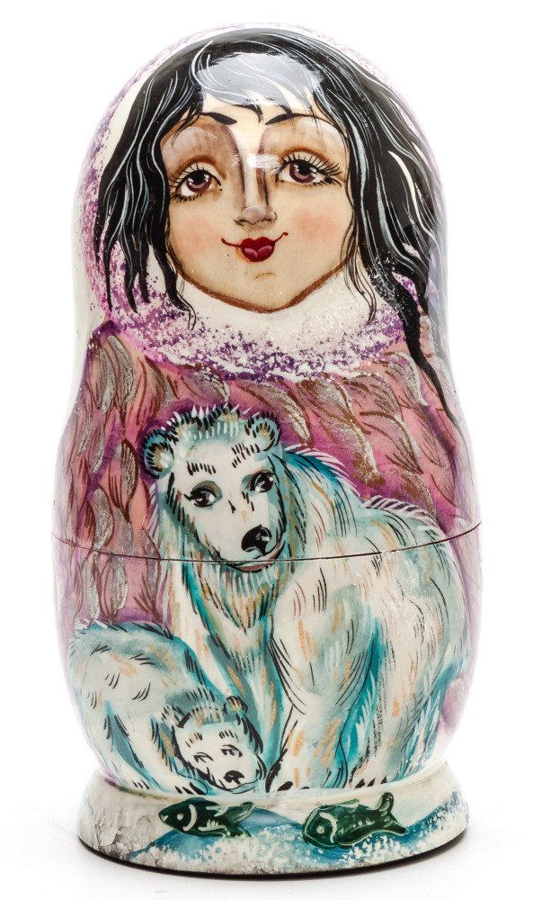 160 mm Escimo Girl with Bears hand painted on Wooden Matryoshka doll 5 pcs (by Valeria Crafts)