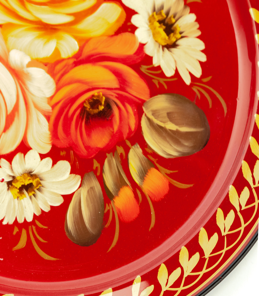 d 230 mm Zhostovo Patterns hand painted and lacquered Metal Forged Red Tray (by Lada Crafts)