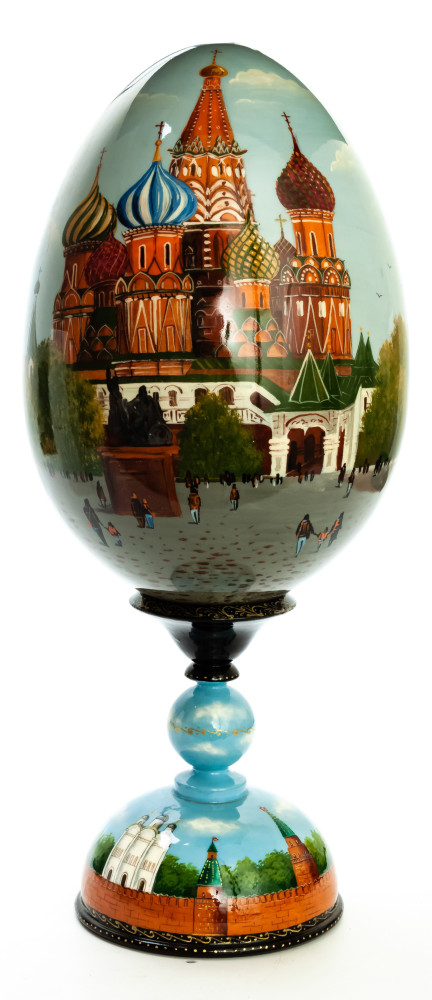 400 mm Saint Basil Cathedral and Moscow Kremlin hand painted on red colored wooden Egg with standby (by Tatiana Crafts)