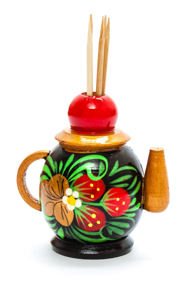 60 mm Wooden Toothpick in hand painted Kettle Holder (by Skazka)