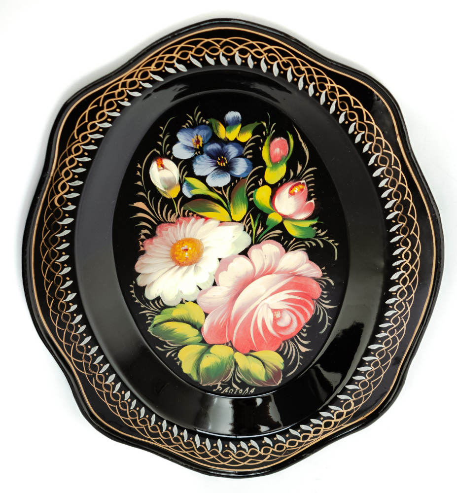 180x220 mm Zhostovo Patterns hand painted and lacquered by Blagova Metal Forged Black Tray (by Lada Crafts)