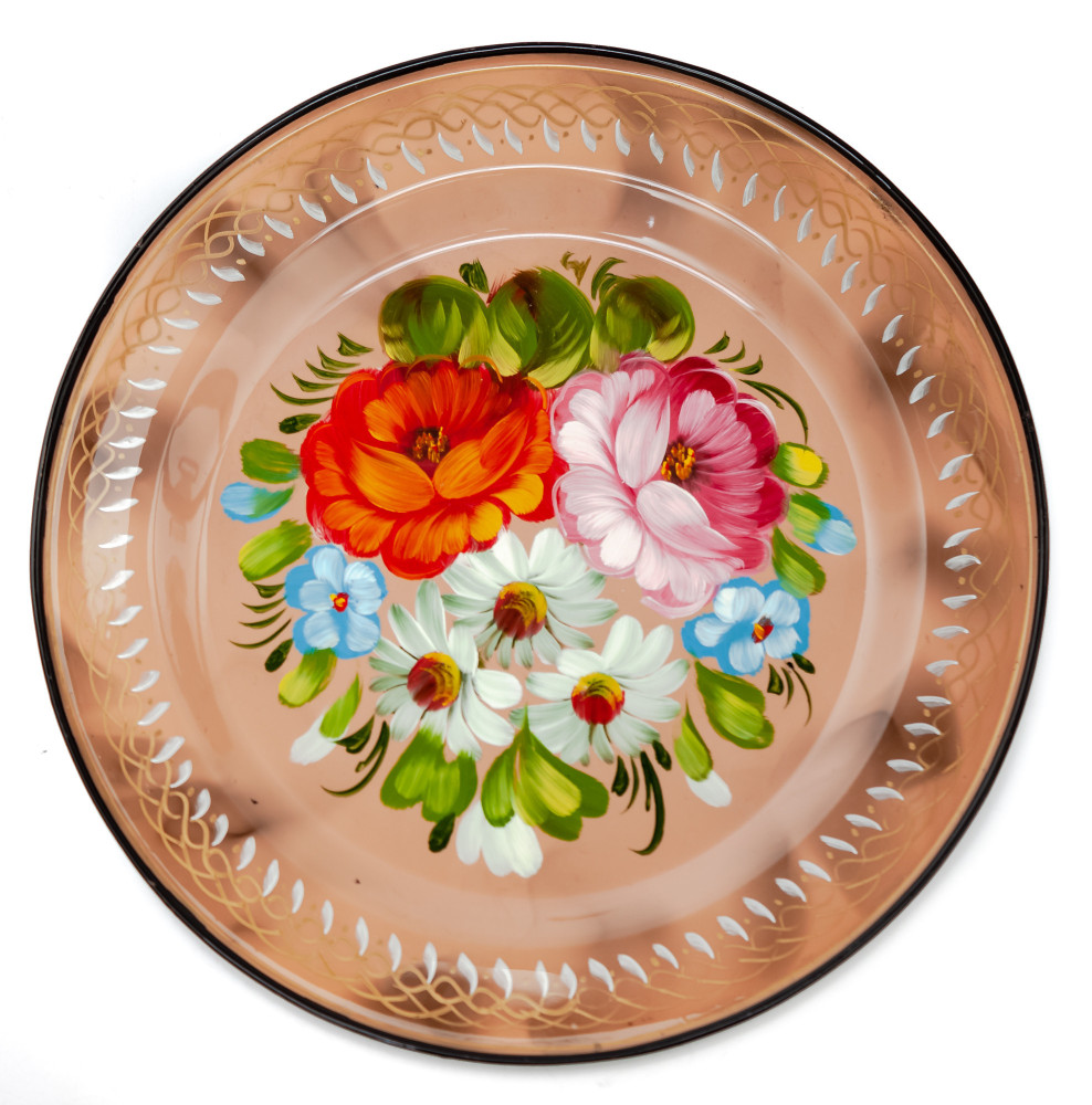  d 180 mm Zhostovo Patterns hand painted and lacquered Metal Forged Brown Tray (by Lada Crafts)