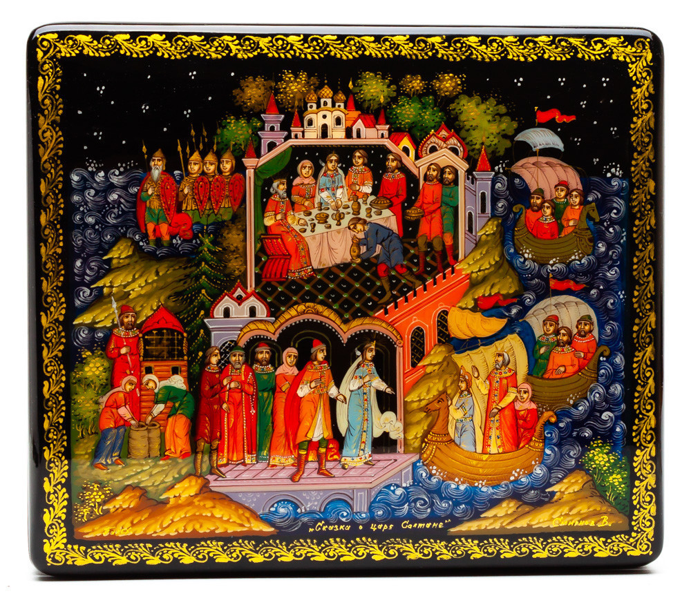 180x160mm The Tale of Tsar Saltan hand painted lacquered box from Palekh (by Pavel Studio)