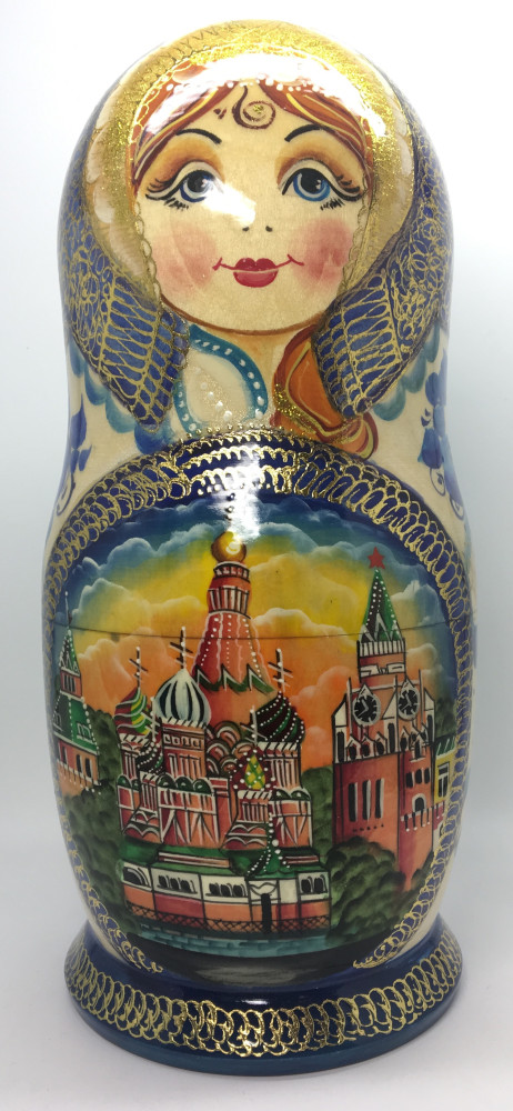 340 mm Moscow Cathedrals hand painted wooden Blue Matryoshka Doll 15 pcs (by Valery Matryoshka Studio)