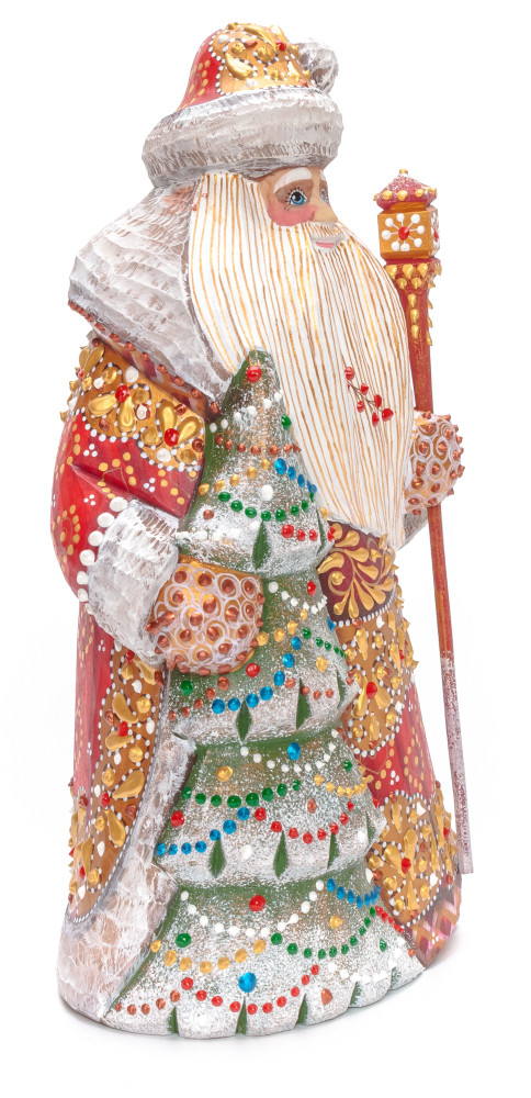 240 mm Santa with a Magic Staff and a Green Christmas Tree Carved Wood Hand Painted Collectible Figurine (by Natalia Nikitina Workshop)