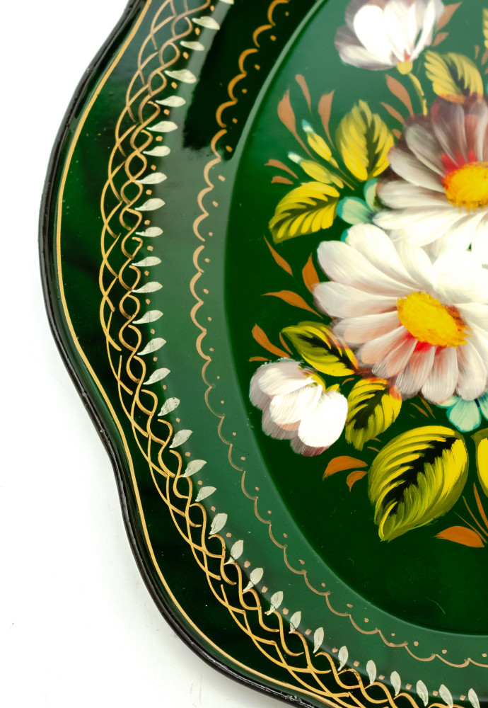 180x220 mm Zhostovo Patterns hand painted and lacquered Metal Forged Green Tray (by Lada Crafts)