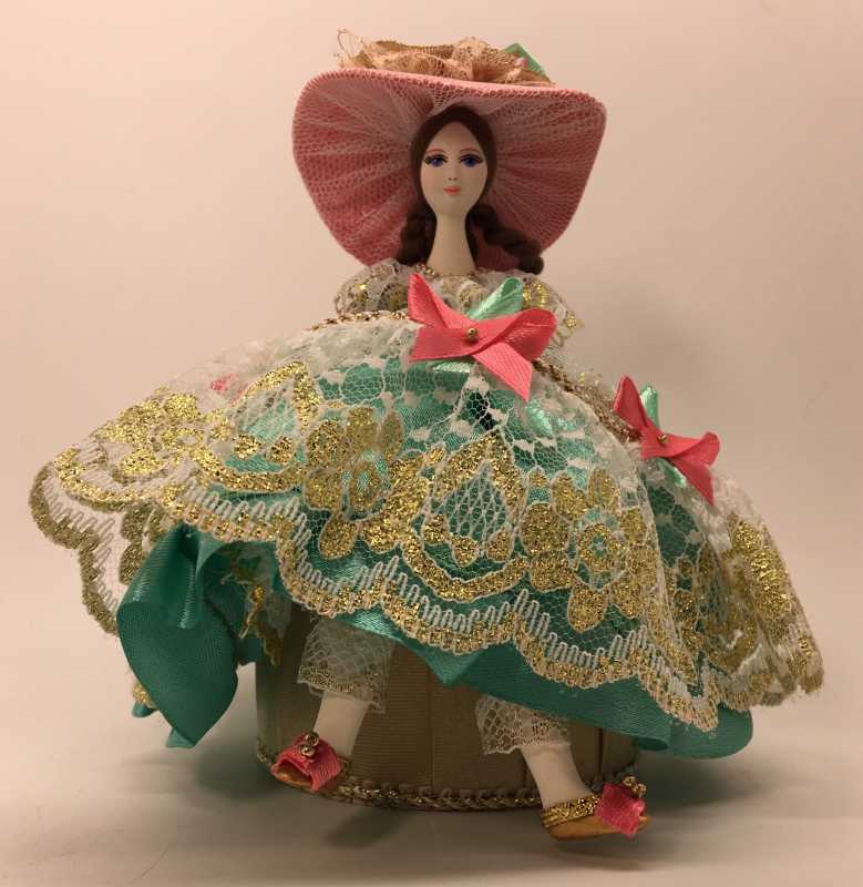 Girl in a nice Summer Hat and Dress sitting on Jewelry Box (hand-sewn Doll by Le Russe)